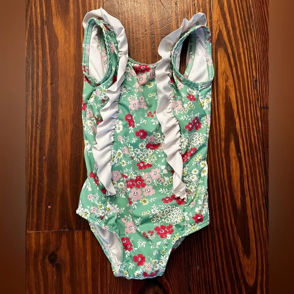 BELLA BLISS Toddler Floral Green and Ruffle One Piece Bathing Suit Size 3